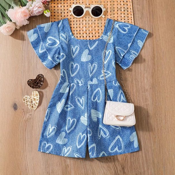 Mother & Kids INS Girls Summer Denim Print Jumpsuit Love Pattern Jumpsuit_viptrois.com