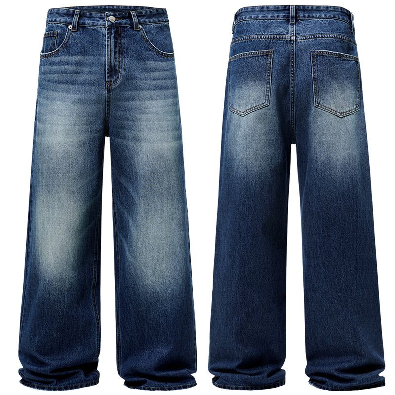 Men's Clothing High Street Washed Old Fashion Jeans Mopping Style Cleanfit Loose Straight Pants_viptrois.com