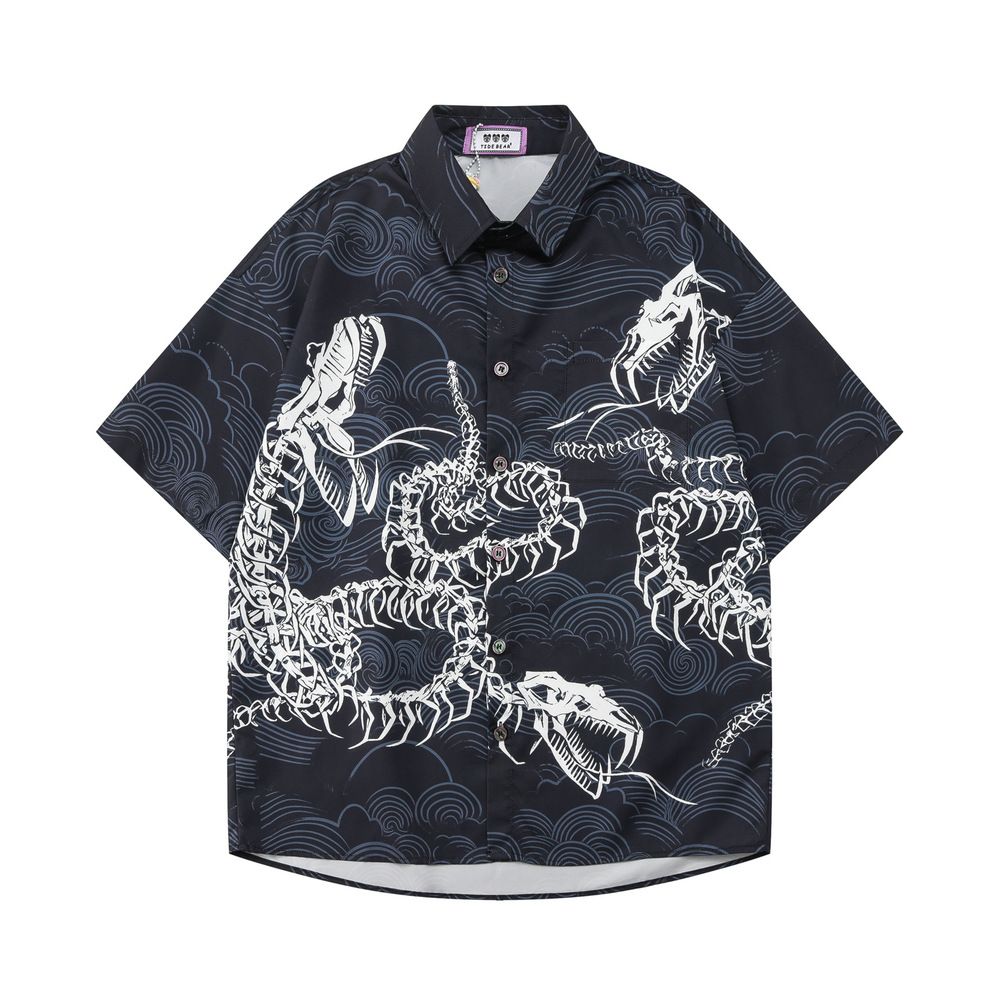 Men's Clothing Couple Short Sleeved Shirt Full Print Auspicious Cloud Snake Bone Loose Beach Cardigan Two Piece Set_viptrois.com