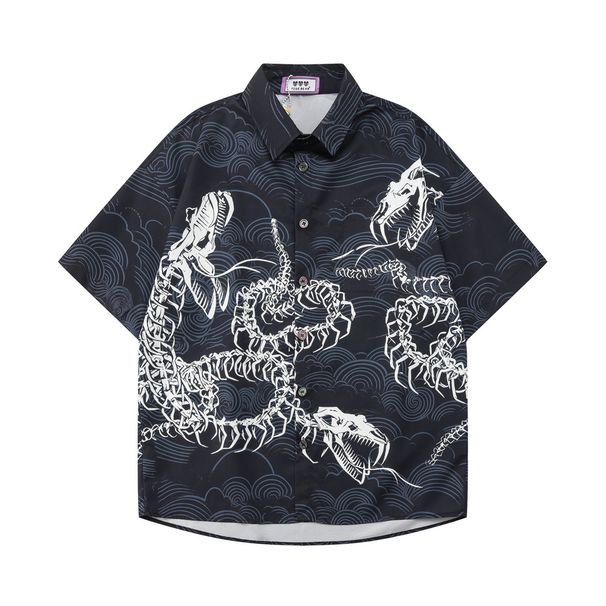 Men's Clothing Couple Short Sleeved Shirt Full Print Auspicious Cloud Snake Bone Loose Beach Cardigan Two Piece Set_viptrois.com