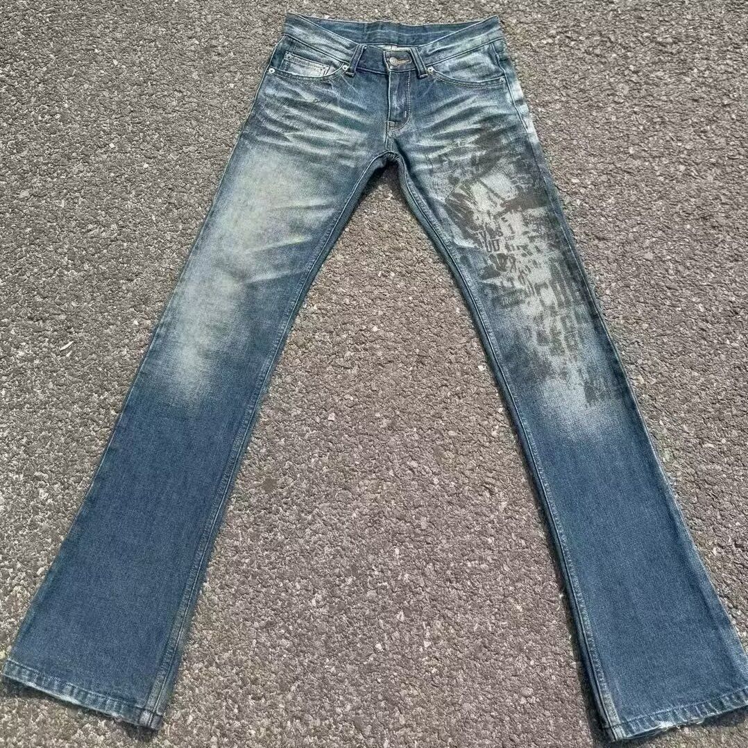 American High Street Retro Blue Printed Flared Jeans For Men, Slimming And Leg-lengthening, Trendy Brand Ins Pants_viptrois.com