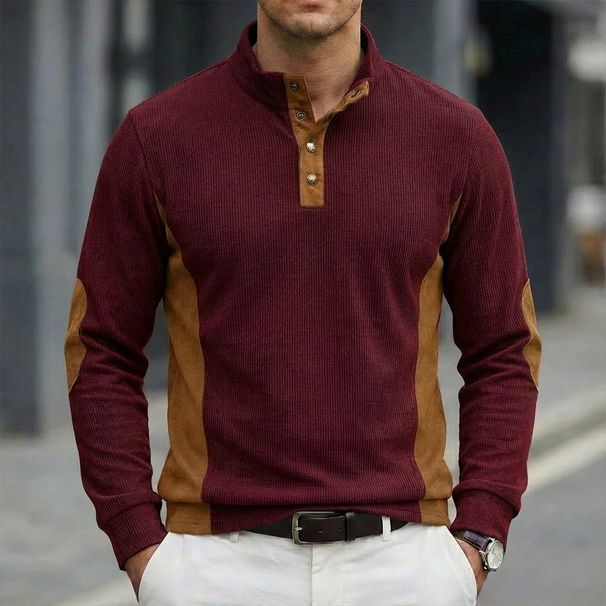 Men's Corduroy Polo Shirt – Long Sleeve, Color-Blocked, Relaxed Fit (S-XXXL, White/Burgundy/Black/Tan/Navy/Green)_viptrois.com