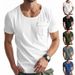 Men's Clothing Retro Slim T Shirt Casual All Match Solid Color Pocket Large U Neck Short Sleeved Shirt_viptrois.com