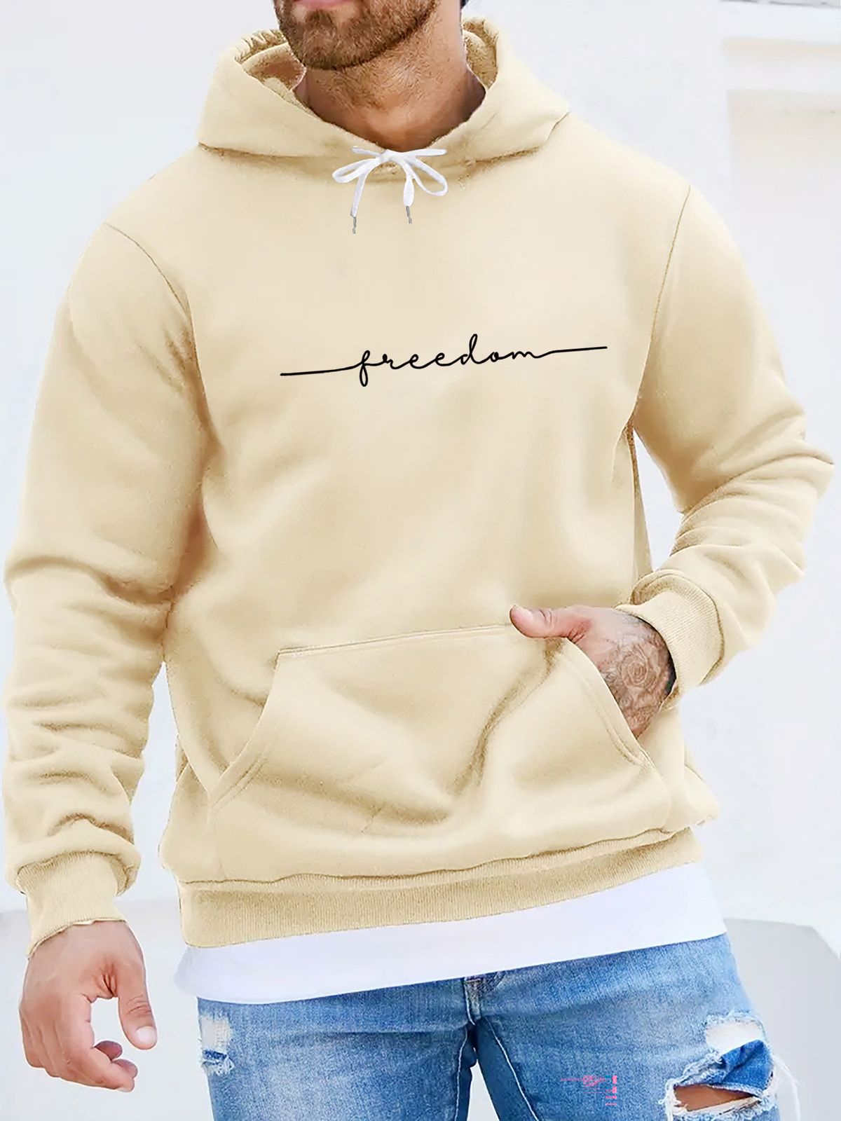 Men's Autumn And Winter Casual Fashionable Loose Hooded Sweatshirt With Freedom Letter Print Warm Long Sleeved Pullover_viptrois.com
