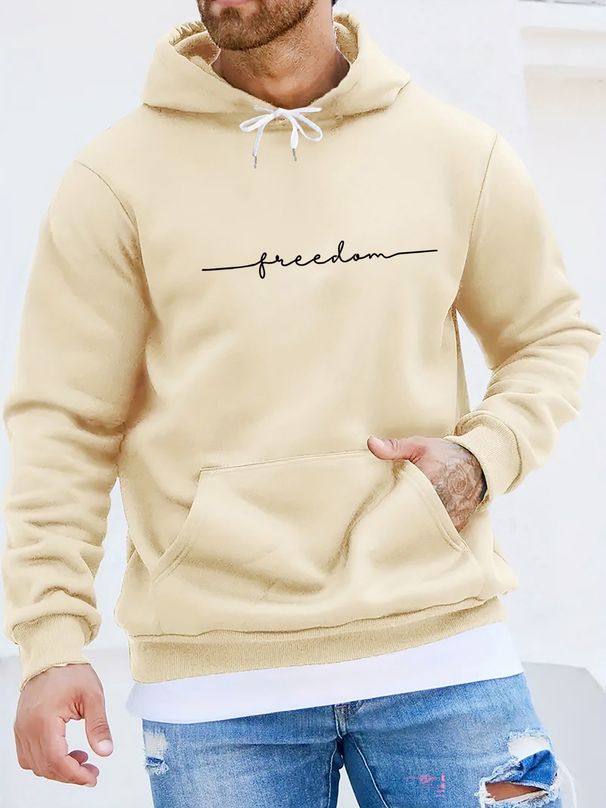 Men's Autumn And Winter Casual Fashionable Loose Hooded Sweatshirt With Freedom Letter Print Warm Long Sleeved Pullover_viptrois.com