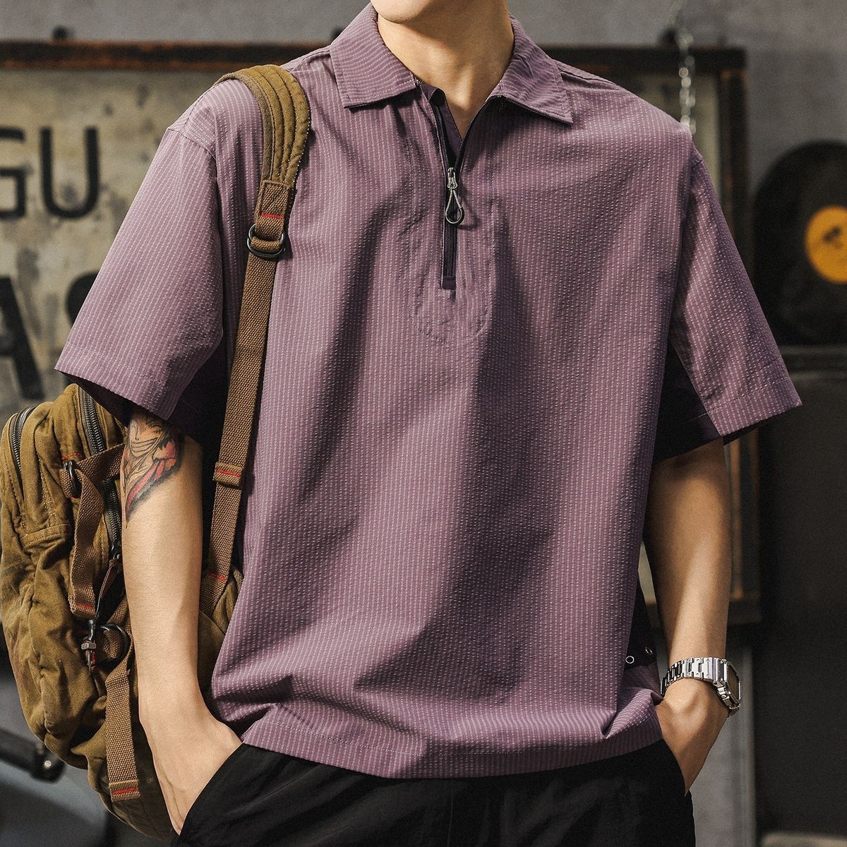 Men's Short-Sleeved Polo Shirt Loose Fit Half Zip T-Shirt Summer High Street Style Functional Racing Suit Top_viptrois.com