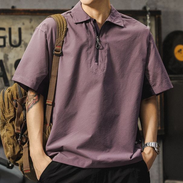 Men's Short-Sleeved Polo Shirt Loose Fit Half Zip T-Shirt Summer High Street Style Functional Racing Suit Top_viptrois.com