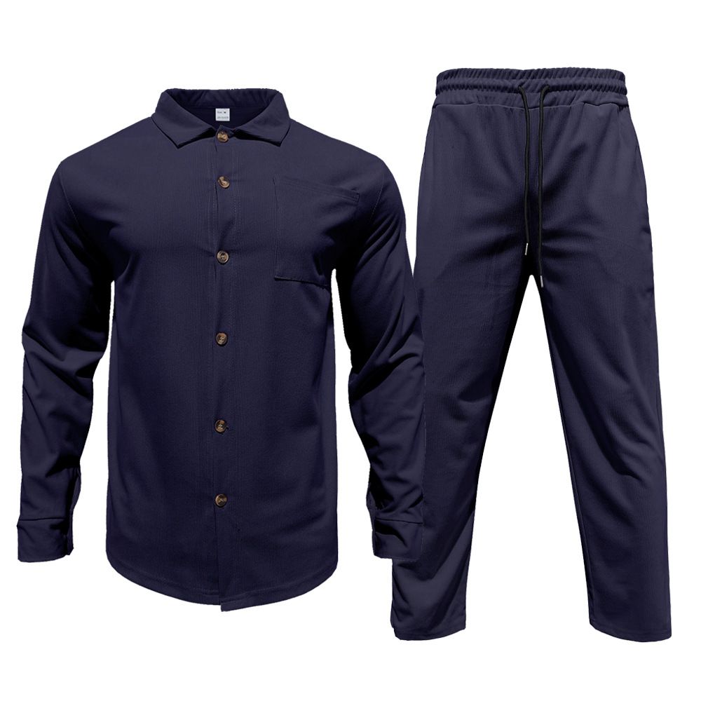 Men's Casual Sporty Button-Up Shirt & Long Pants 2-Piece Set - Lightweight Cotton Blend, Comfort Fit For Spring/Autumn (S-XXXL, Multiple Colors)_viptrois.com