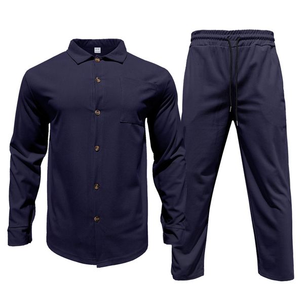 Men's Casual Sporty Button-Up Shirt & Long Pants 2-Piece Set - Lightweight Cotton Blend, Comfort Fit For Spring/Autumn (S-XXXL, Multiple Colors)_viptrois.com