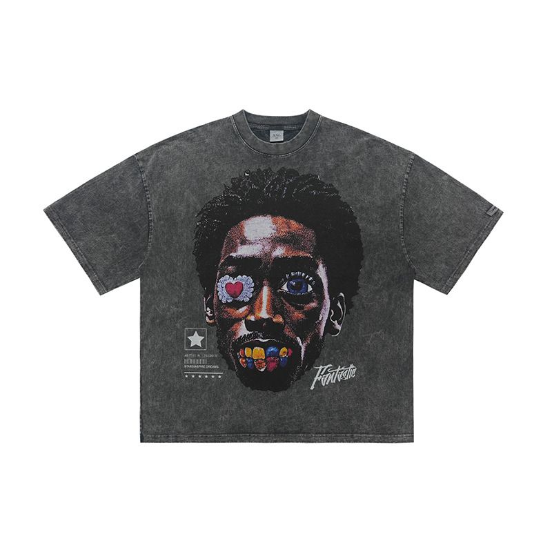 American Style Trendy Brand Blue Pattern Washed Vintage Head Print Short Sleeve T-Shirt Unisex Pure Cotton Loose_viptrois.com