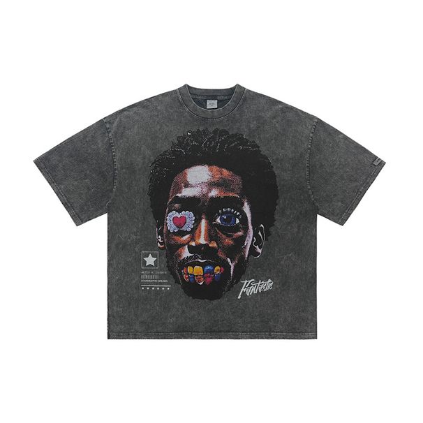 American Style Trendy Brand Blue Pattern Washed Vintage Head Print Short Sleeve T-Shirt Unisex Pure Cotton Loose_viptrois.com