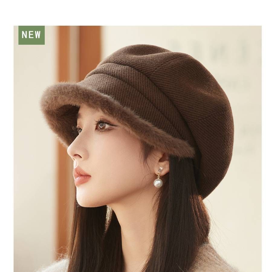 Women's Hats Thickened Plush Edge Octagonal Hat For Women Fashion Solid Color Painter Hat Autumn And Winter Japanese Style High End Newsboy Hat Trend_viptrois.com
