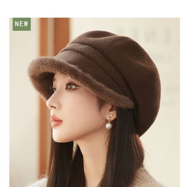 Women's Hats Thickened Plush Edge Octagonal Hat For Women Fashion Solid Color Painter Hat Autumn And Winter Japanese Style High End Newsboy Hat Trend_viptrois.com