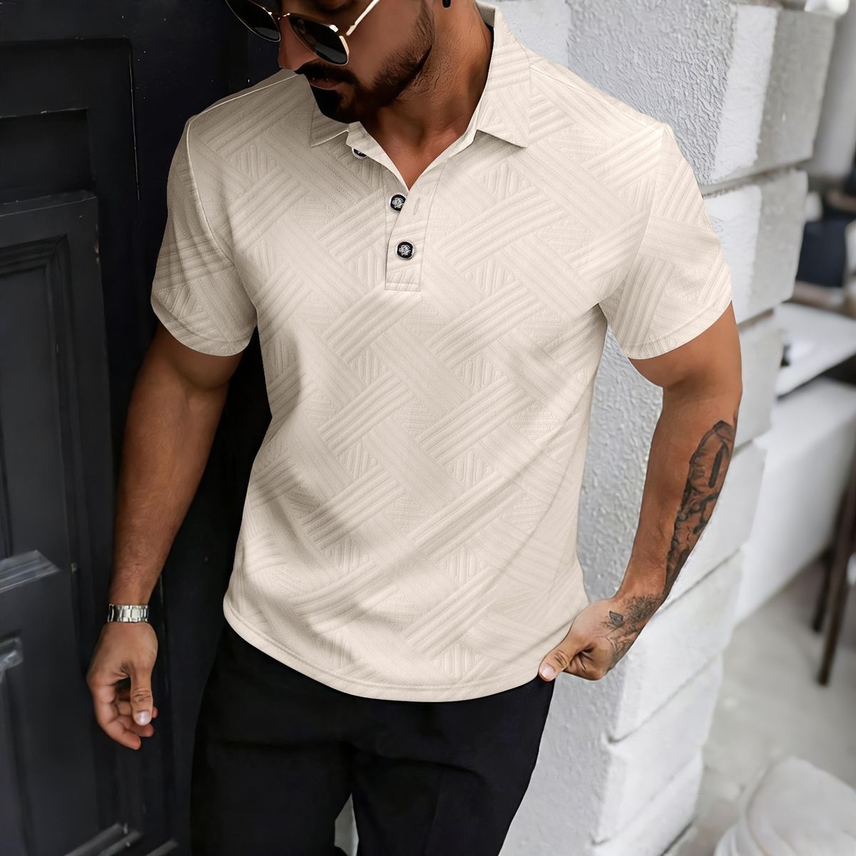 Men's Classic -Style Polo Shirt – Breathable Jacquard Knit, Short-Sleeve Business Casual Top (S-XXXL, Poly-Cotton Blend, Solid Colors, Split Hem)_viptrois.com