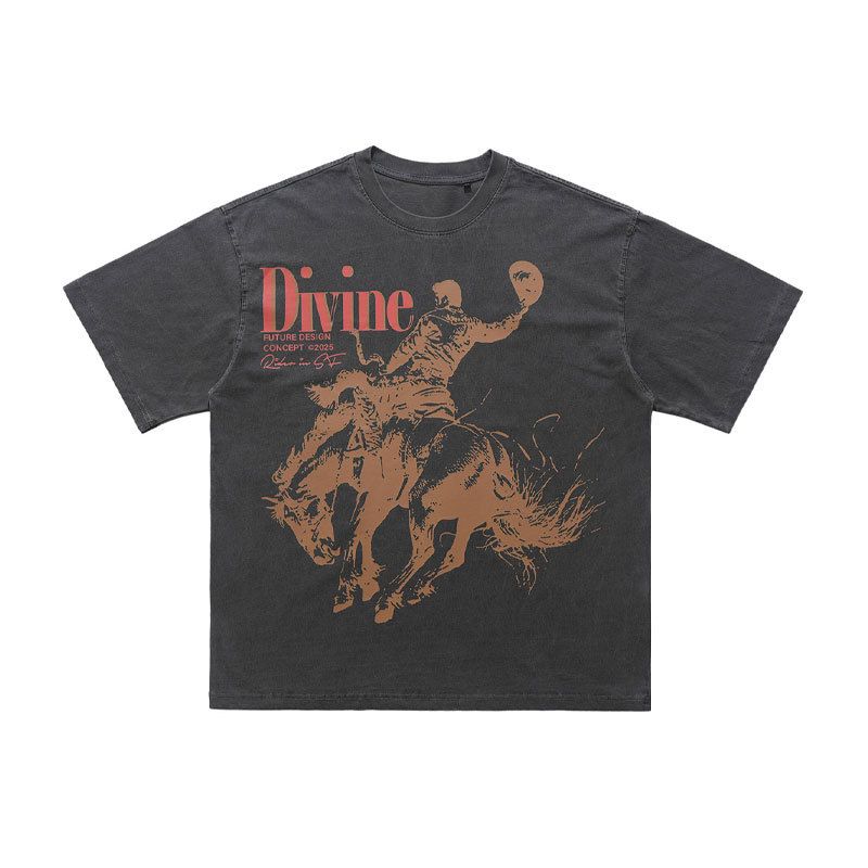American Street Style Horse Riding Print Washed Vintage Short-sleeve T-shirt For Men And Women_viptrois.com