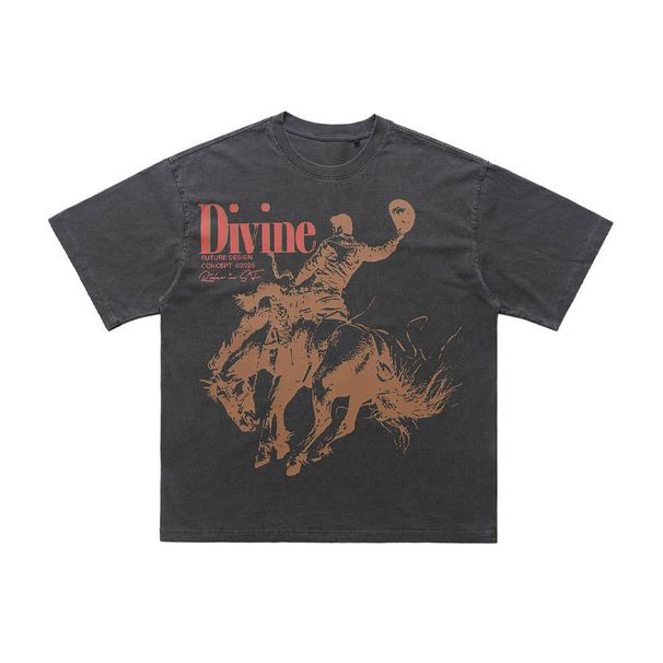 American Street Style Horse Riding Print Washed Vintage Short-sleeve T-shirt For Men And Women_viptrois.com