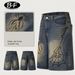 Men's Clothing Painted Spider Denim Shorts Loose Retro Distressed Blue Straight Shorts_viptrois.com