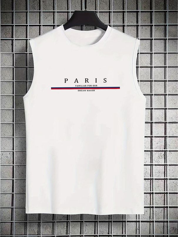 100% Pure Cotton Men's Summer Casual Sports Fitness Loose Paris Pattern Printed Breathable Round Neck Sleeveless Vest_viptrois.com