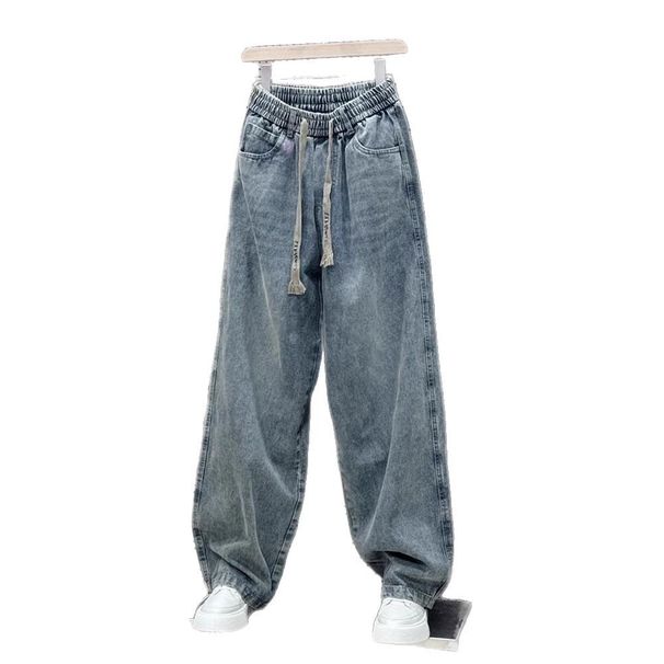2025 Men's Spring Hong Kong Fleece-Lined New Fashion Trendy Cool Street Style Straight Loose Wide-Leg Jeans_viptrois.com