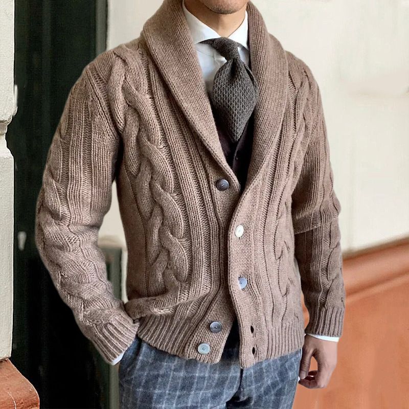 Loom 2024 Autumn Winter New Knitted Cardigan Turn-down Collar Long Sleeve Twisted Sweater Jacket Cross-border Trade Men's_viptrois.com