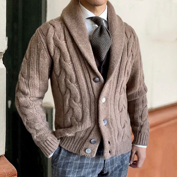 Loom 2024 Autumn Winter New Knitted Cardigan Turn-down Collar Long Sleeve Twisted Sweater Jacket Cross-border Trade Men's_viptrois.com