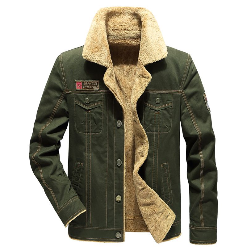 Men's Clothing Thickened Collar Cotton Jacket - Military Style Fleece-Lined Winter Coat For Casual & Outdoor Wear (Khaki, Black, Army Green)_viptrois.com