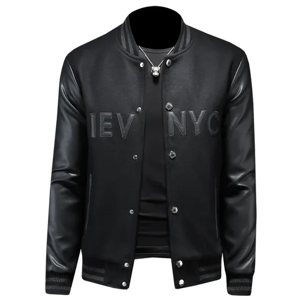 Handsome Men's Baseball Collar Patchwork Jacket, High-quality Baseball Uniform, Casual Jacket, Fashionable Single Breasted Top_viptrois.com