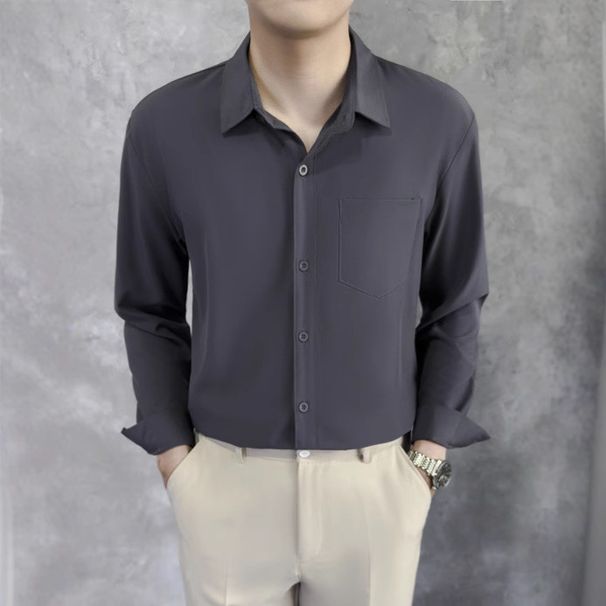 Long Sleeved Shirt For Men, Trendy And Fashionable Men, Slim Fit And Casual Men, Solid Color And Drape Shirt_viptrois.com