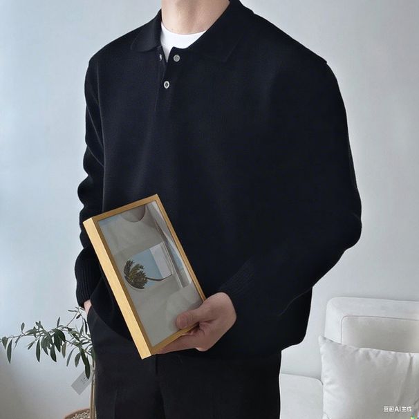 Autumn And Winter Henry Collar Knitted Sweater Men's Solid Color Lapel Jacket_viptrois.com