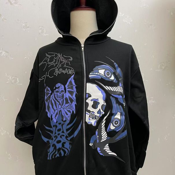 Y2K Aesthetic Zip-Up Hoodie With Rhinestone Details - Fleece-Lined Oversized Streetwear Jacket For Men & Women (Black, S-XXXL)_viptrois.com