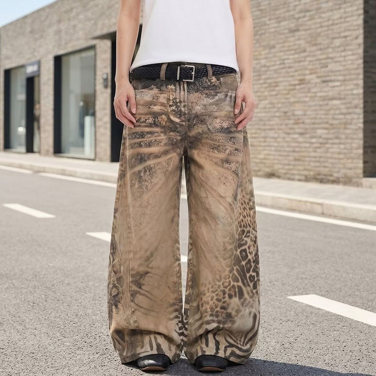 Retro Leopard And Tiger Print Patchwork Jeans High Waisted Wide Leg Slimming Floor Length Pants Men's Clothing Denim_viptrois.com