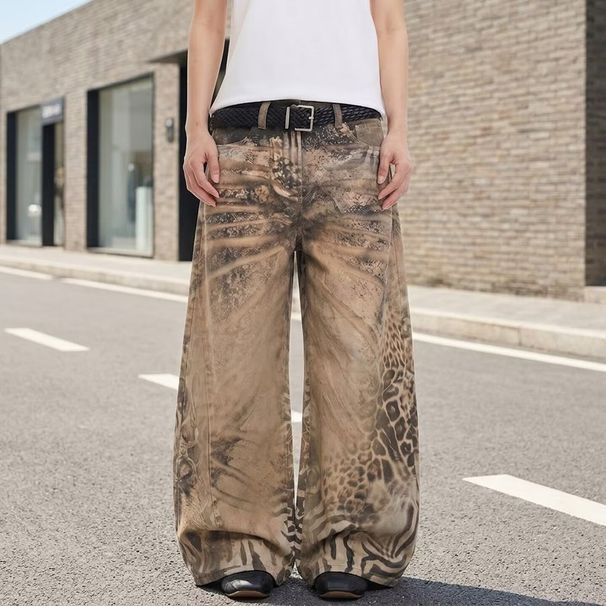 Retro Leopard And Tiger Print Patchwork Jeans High Waisted Wide Leg Slimming Floor Length Pants Men's Clothing Denim_viptrois.com