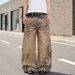 Retro Leopard And Tiger Print Patchwork Jeans High Waisted Wide Leg Slimming Floor Length Pants Men's Clothing Denim_viptrois.com
