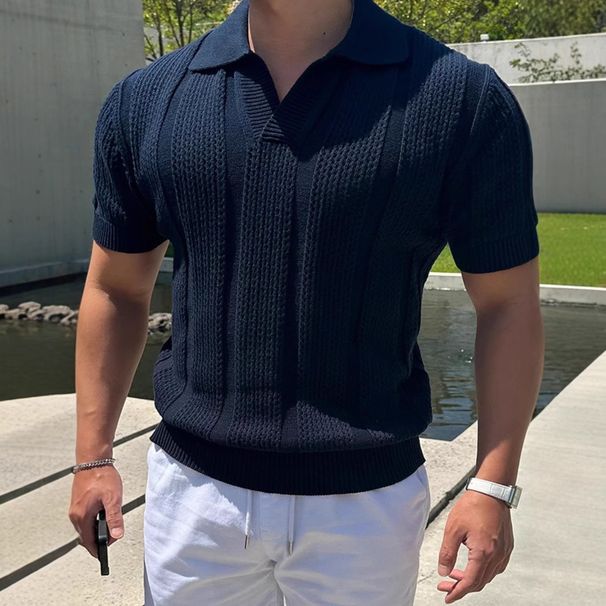 Men's Clothing White Hollow Knitted Polo Shirt Men's Summer Trend Business Commuting Breathable Versatile Loose Short Sleeved T Shirt Top_viptrois.com