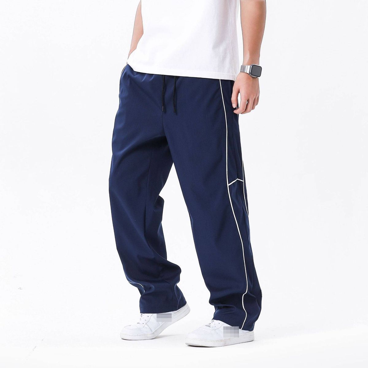 Men's Striped Relaxed Fit Straight Leg Pants - Breathable Polyester Casual Trousers With Drawstring Waist - Retro Streetwear For Urban Style_viptrois.com