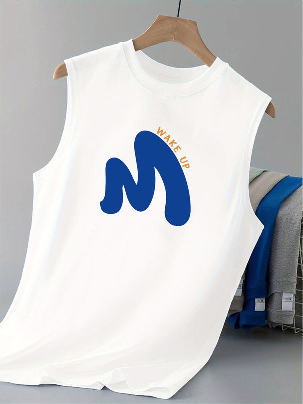 100% Pure Cotton Men's Summer Casual Sports Fitness Loose WAKE UP Letter Pattern Printed Breathable Round Neck Sleeveless Vest_viptrois.com