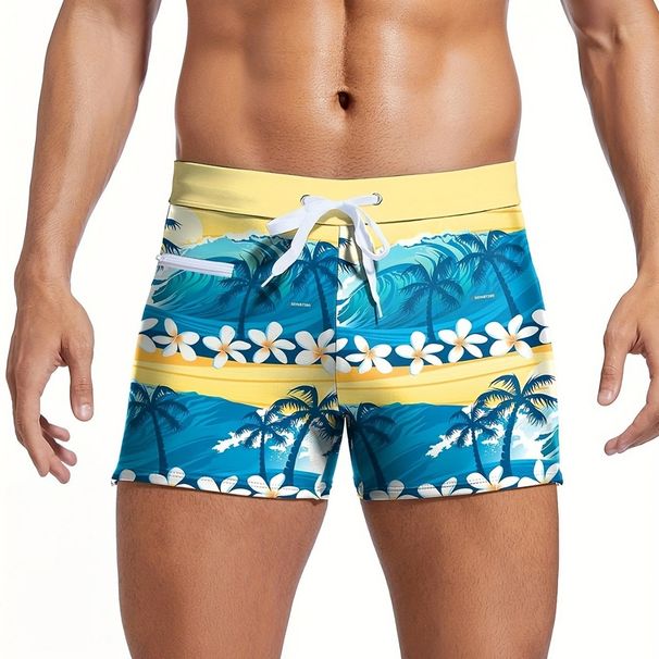 Men's Clothing New Coconut Tree Print Zipper Tether Leisure Tight Four Corner Swimming Spot_viptrois.com