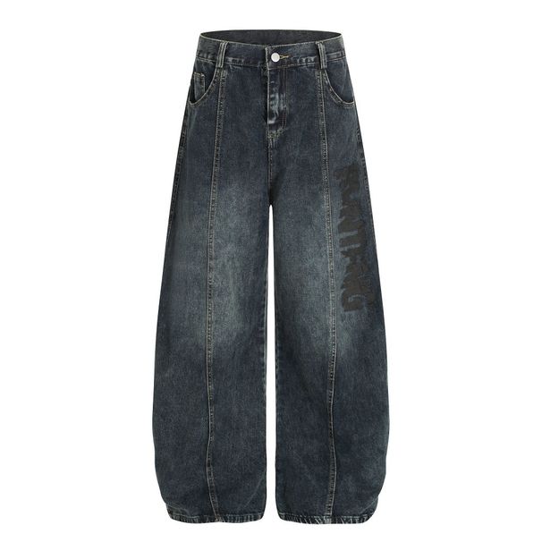 Punk Washed Denim Wide-Leg Men's Street Fashion Three-Dimensional Deconstructed Design Letter Print Loose Pants_viptrois.com