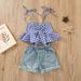 Baby Clothing Stylish girl suit Halter plaid ruffled tank top + denim shorts suit_viptrois.com