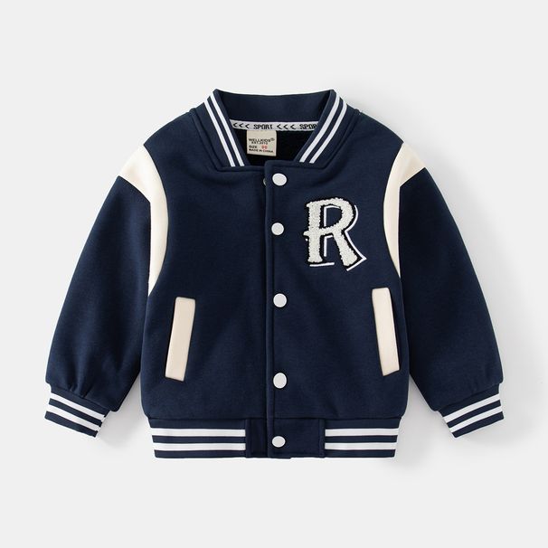 Autumn And Winter Casual Boys Jacket, Trendy Fleece Round Neck Baseball Jacket, Letter Long Sleeve Contrast Color Striped Warm Jacket_viptrois.com