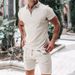 Men's Short Sleeve Shorts Casual Summer Waffle Solid Color Loose Fit Turn-down Collar T-shirt Set_viptrois.com