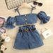 Baby Clothing Girls' Clothes Halter With Pinched Lantern Sleeves Single Breasted Cardigan Top High Waist With Belt Shorts_viptrois.com