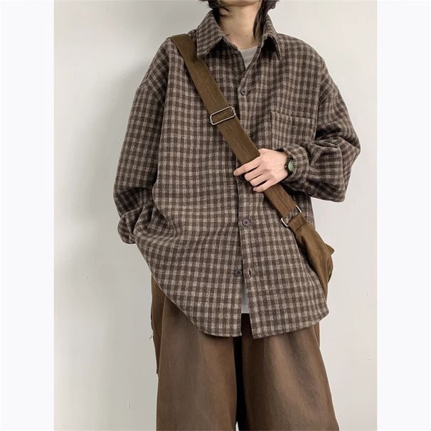 Checkered Men's Long Sleeved Spring Autumn Vintage American Casual Loose And Versatile Lapel Shirt Jacket_viptrois.com