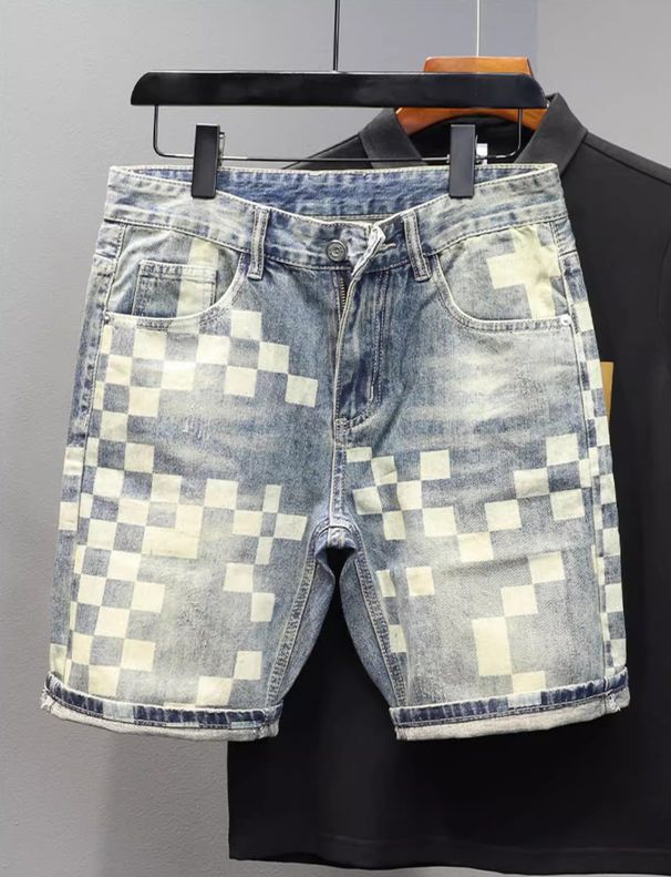 New Summer Men's Denim Shorts, Trendy And Stylish Plaid Patchwork Design, Loose Straight Leg, Versatile Five-point Pants_viptrois.com