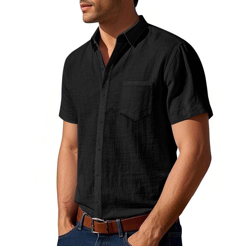Men's Clothing Solid Color Linen Lapel Short Sleeved Shirt Loose Casual Pocket Shirt_viptrois.com