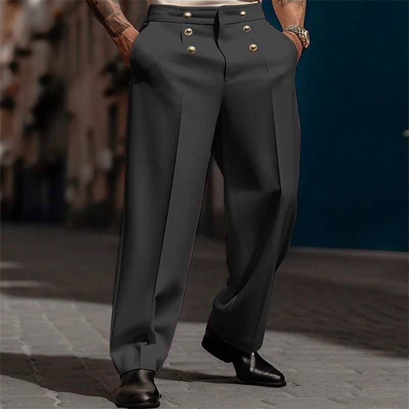 Men's Clothing Formal Solid Color Fashionable Simple Button Mid Waist Straight Daily Suit Trousers_viptrois.com