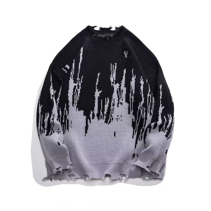 Men's Retro Knit Sweater – Oversized Casual Pullover With Tie-Dye Pattern (M-2XL, Black/Purple)_viptrois.com