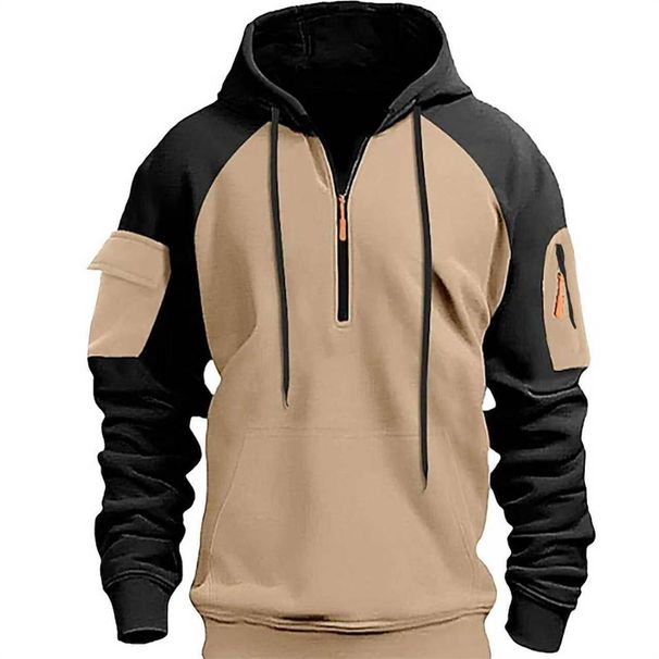 2025 Fashion Hoodies Outerwear Men's 100% Polyester Splicing Half Zipper Long Sleeve Straight Type Hooded Sweatshirts_viptrois.com