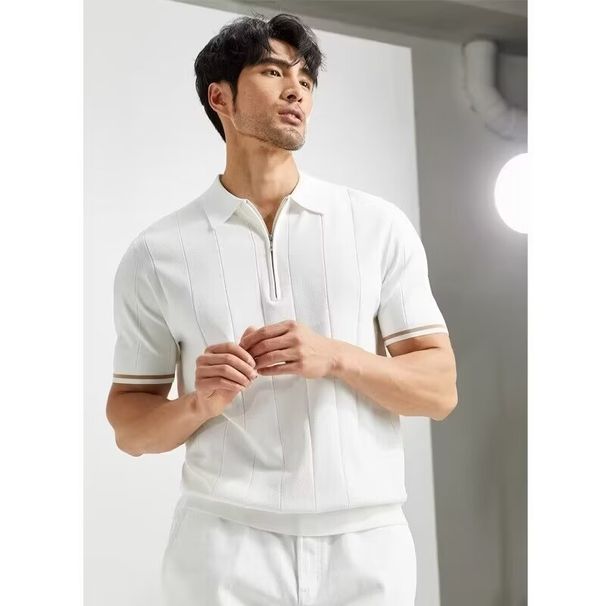 Men's Clothing Ice Silk Knitted Tops High End Summer Light Luxury Men's Clothing Trendy Brand Fashion Short Sleeved Polo Shirt Half Zipper_viptrois.com