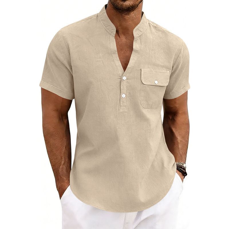Men's Summer Linen Shirt Loose Fit Casual Commuter Workwear Henley Short Sleeve Simple Mature Style_viptrois.com